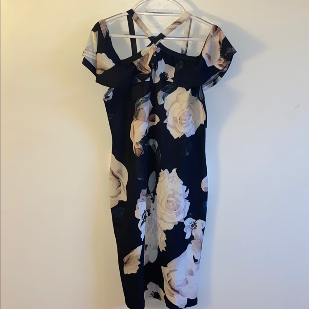 Navy blue floral cold-shoulder midi dress